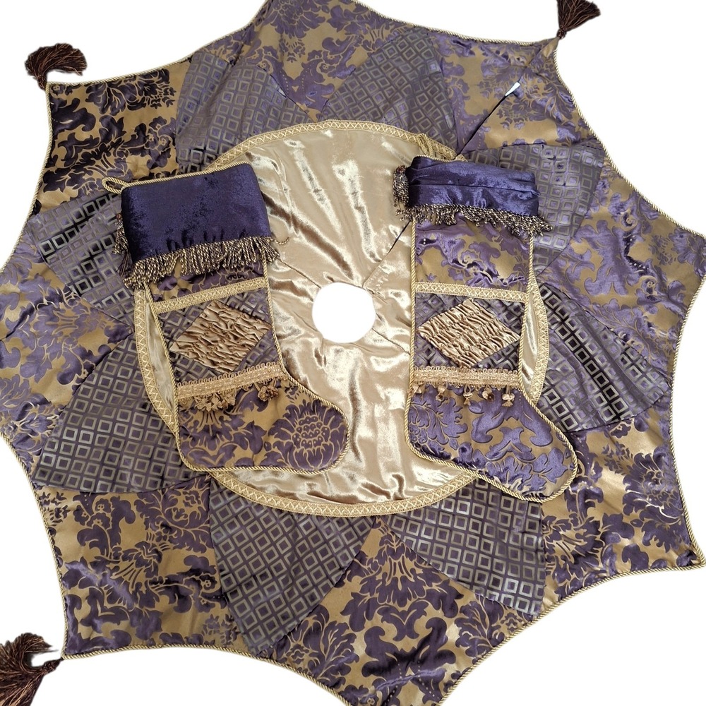 3pc Victorian Style Christmas Set Purple Velvet Tree Skirt & 2 Stockings Tassel